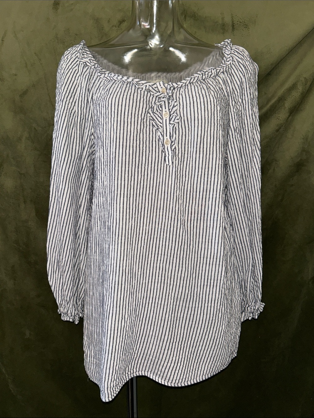 Max Studio Navy and White Striped Peasant Tunic